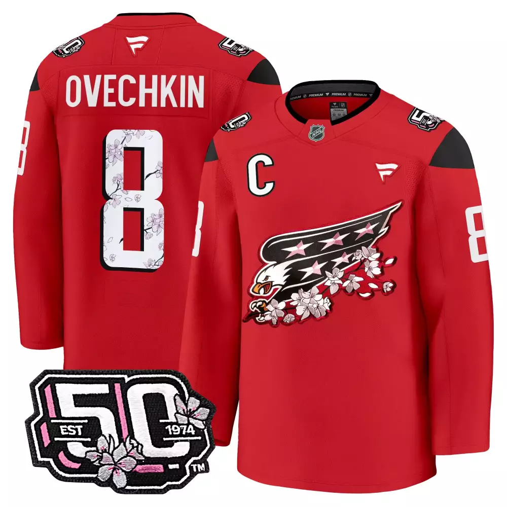 Alex Ovechkin 8 Capitals Jersey Red Cherry Blossom 50th Anniversary Men NHL Black