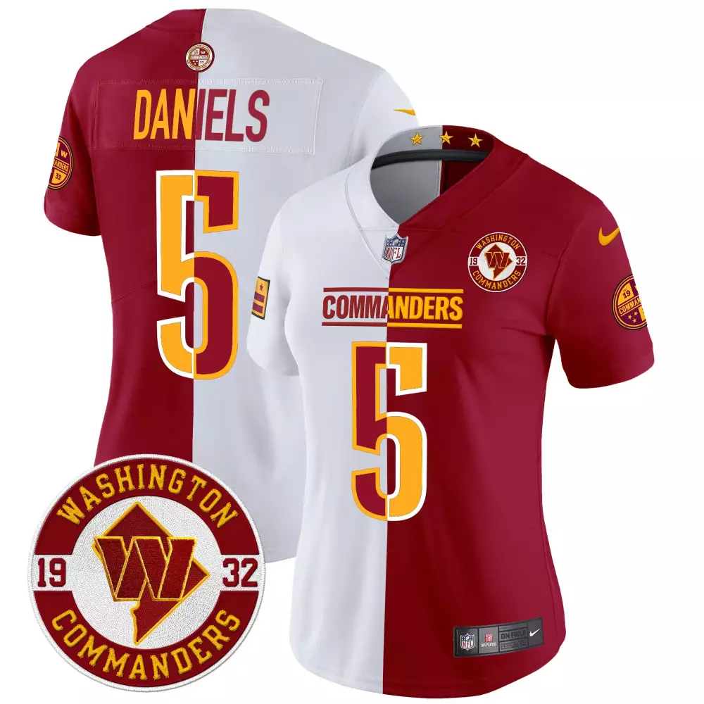 Jayden Daniels 5 Jersey Maroon Split Uniform Washington Commanders Women Design White