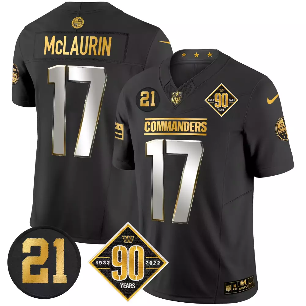 Terry Mclaurin 17 Commanders Jersey Black 90th Anniversary Men Gold Silver Limited