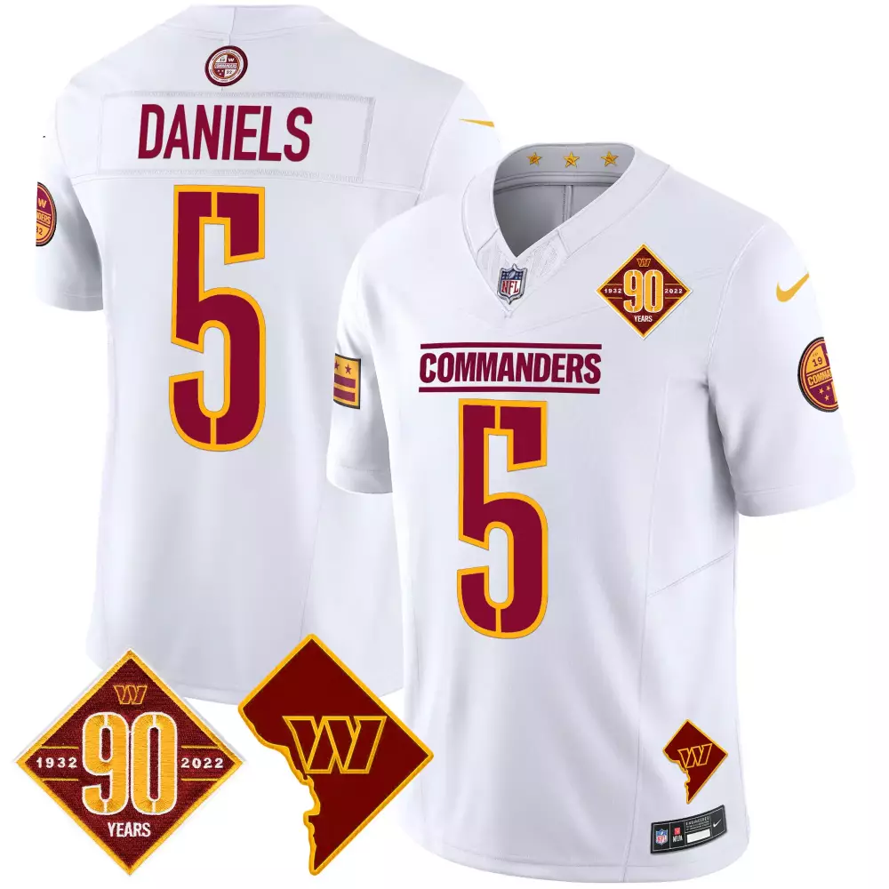 Jayden Daniels 5 Commanders Jersey White 90th Anniversary 90 Years 1932-2022 Washington D.c. Outline