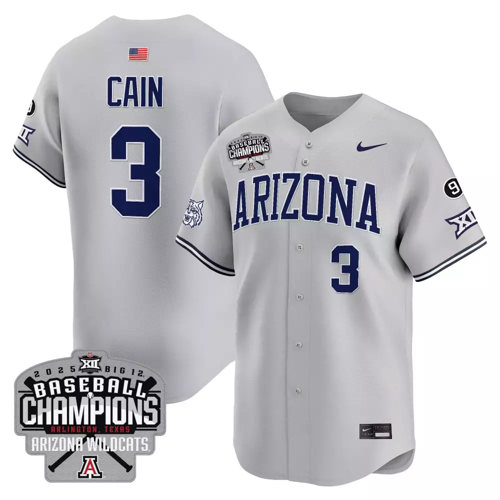 Cain Wildcats 3 Arizona Jersey Gray Big 12 Champions 2025 Baseball American Flag