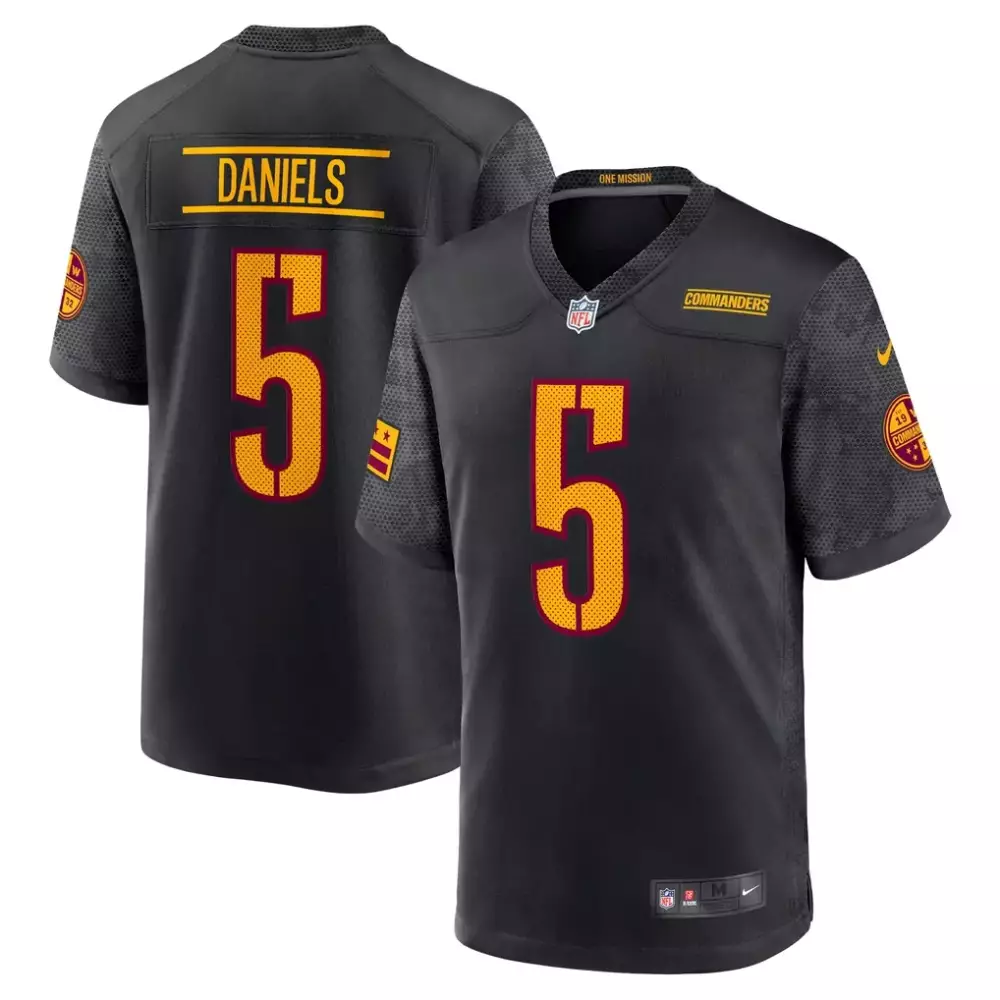 Jayden Daniels 5 Commanders Jersey Black Commemorative One Mission Men Gold Maroon