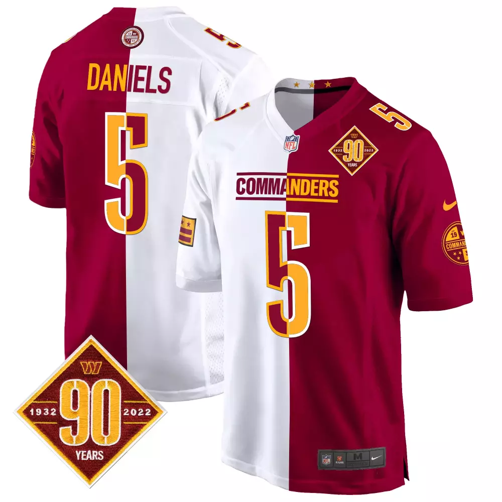 Jayden Daniels 5 Commanders Jersey Maroon 90 Years 1932-2022 Men Split Design White