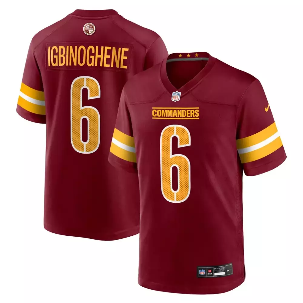 Noah Igbinoghene 6 Commanders Jersey Maroon Men Replica Gold White Yellow Game