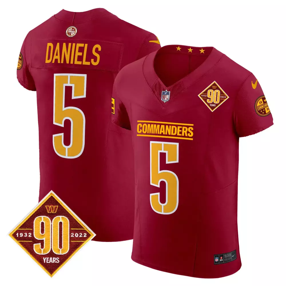 Jayden Daniels 5 Commanders Jersey Maroon 90th Season Patch 90 Years 1932-2022 Men