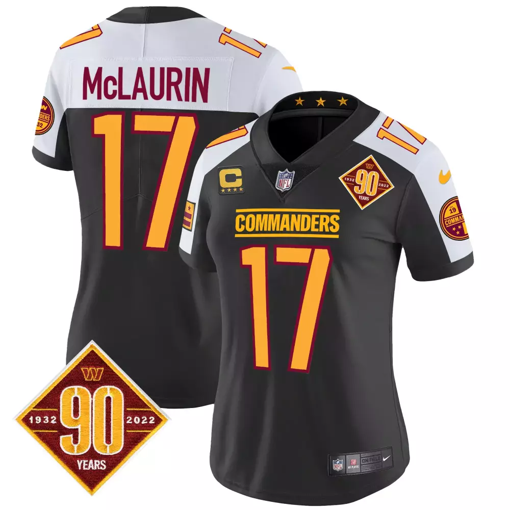 Terry Mclaurin 17 Commanders Jersey Black 90 Years 1932-2022 Women NFL White Gold