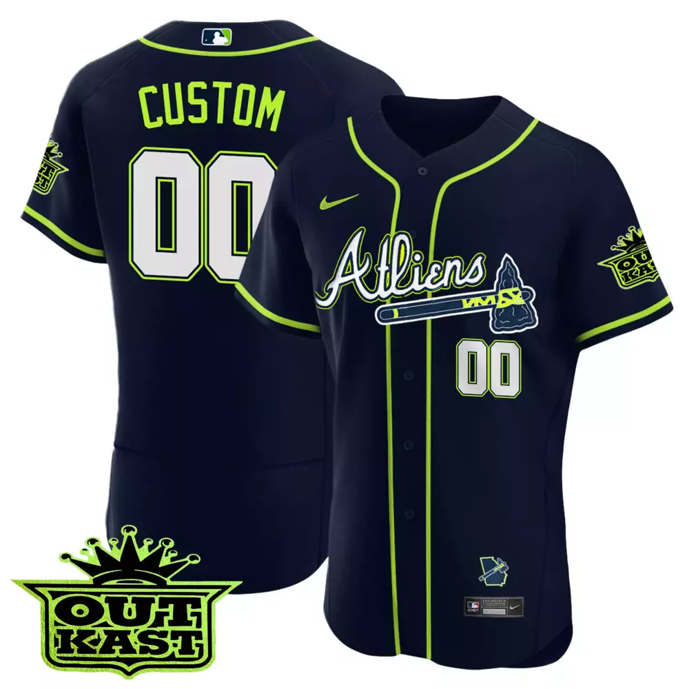 Custom Atlanta Braves Jersey Navy Blue Outkast Men Neon Green White All Stitched