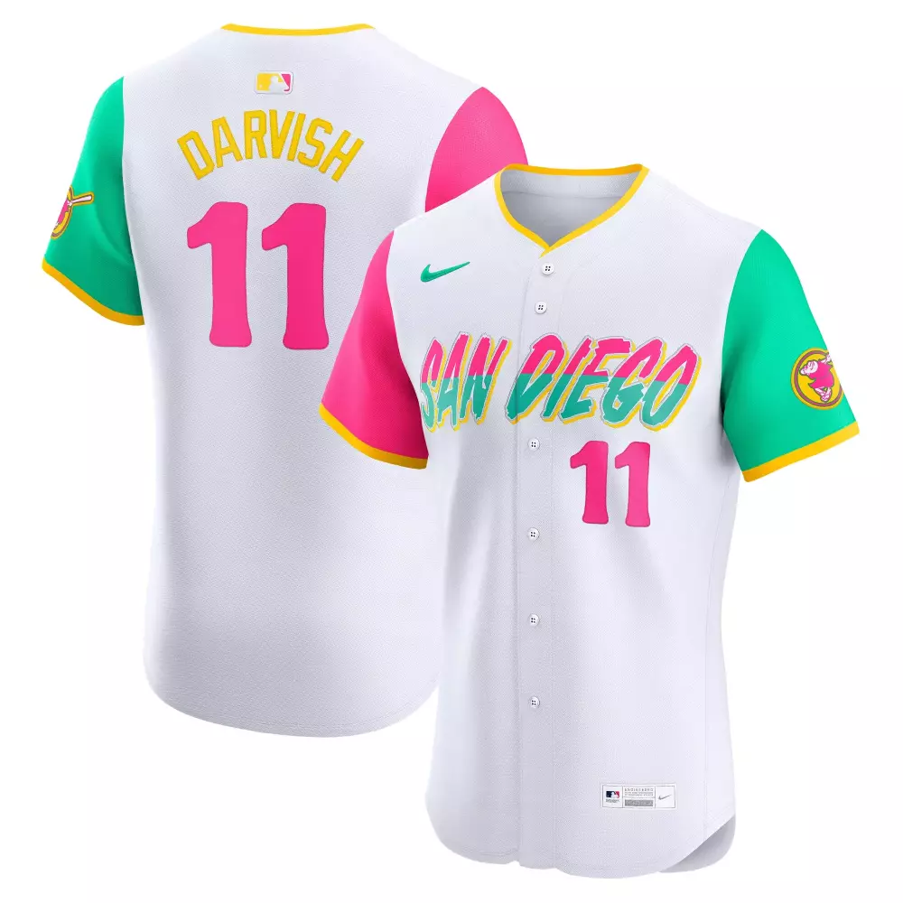 Yu Darvish 11 San Diego Padres Jersey White Men Split Design Pink Teal Yellow Elite