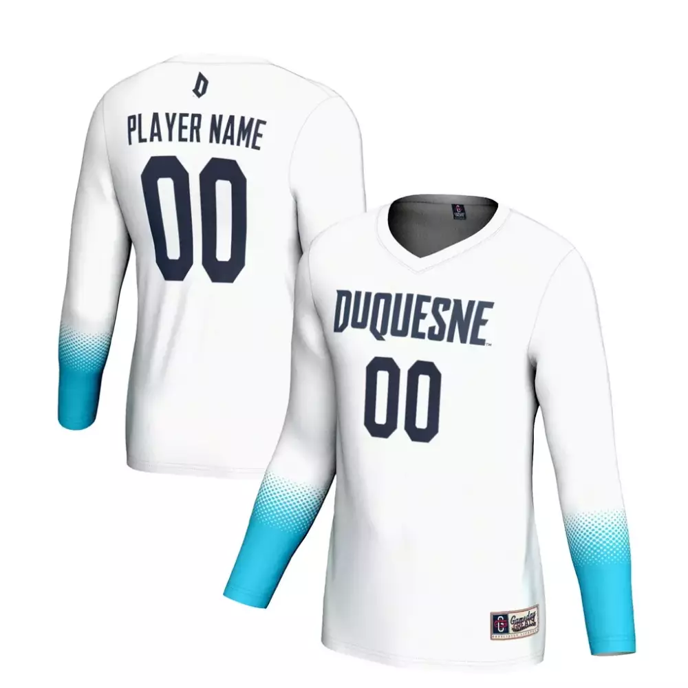 Duquesne Jersey White Long Sleeve Split Design Navy Sky Blue Gameday