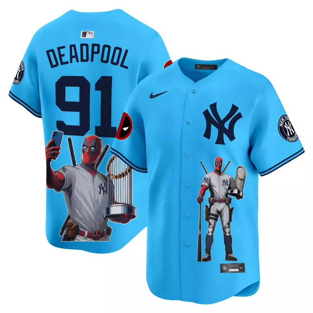 Deadpool 91 New York Yankees Jersey Light Blue Men Navy White Unisex Premier Limited