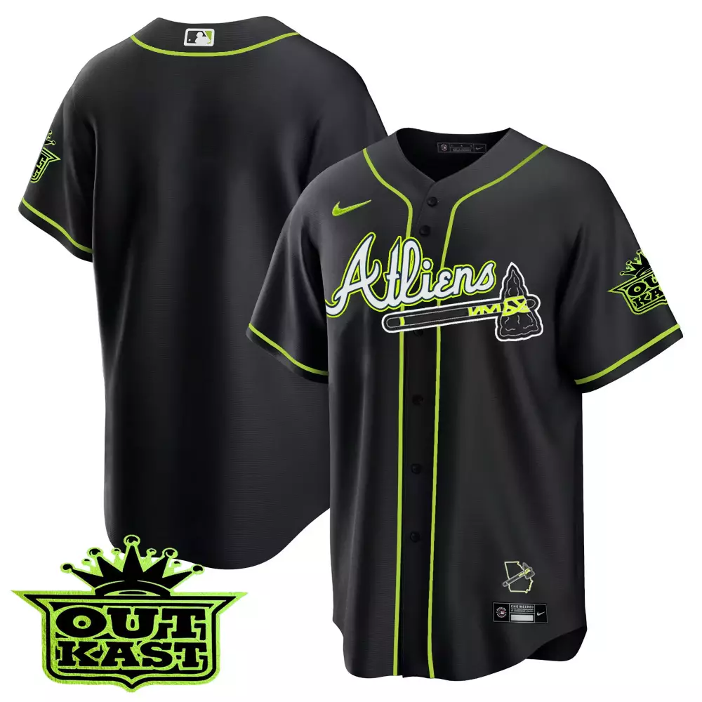 Outkast Athliens Atlanta Braves Jersey Black Men Neon Green White All Stitched Vapor