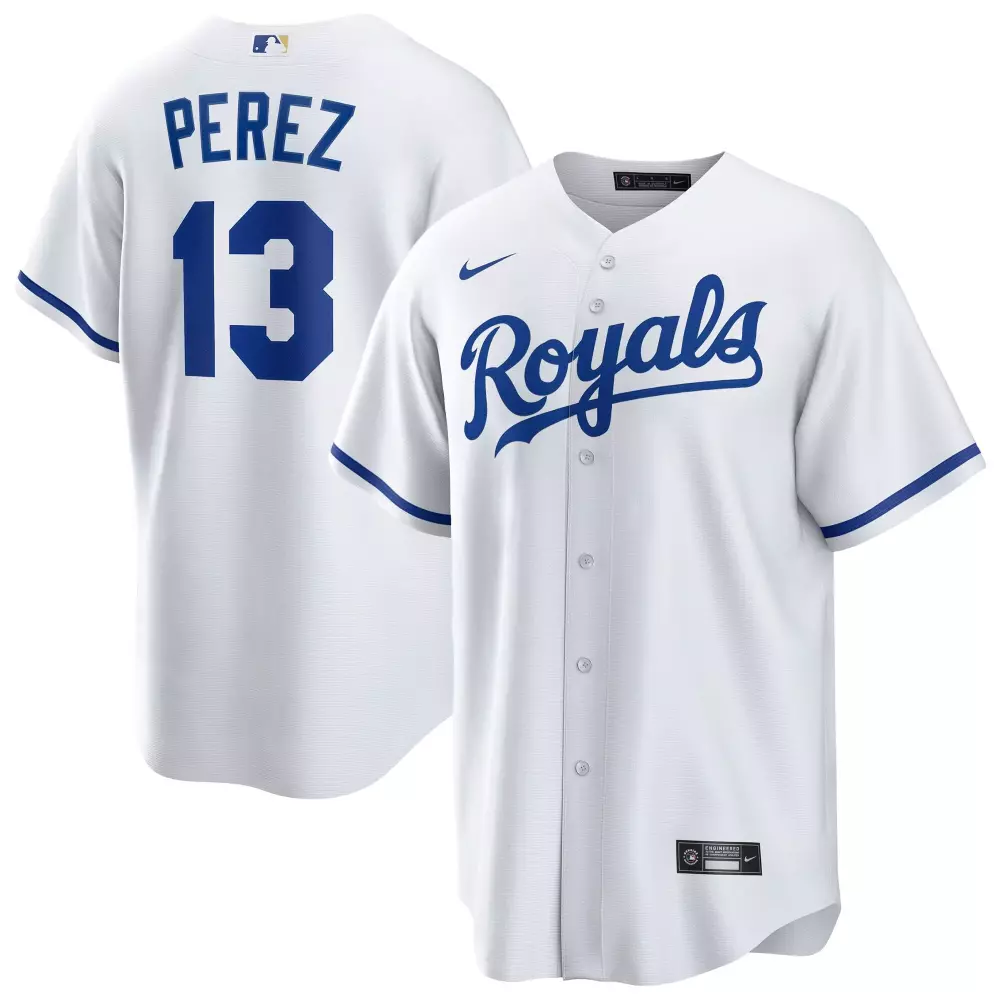 Salvador Perez 13 Royals Jersey White Men Blue Home Replica