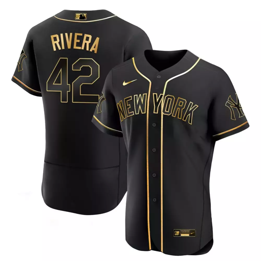 Mariano Rivera 42 Jersey Black New York Yankees Men Gold All Stitched