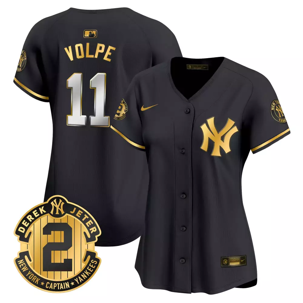 Anthony Volpe 11 New York Yankees Jersey Black Derek Jeter Captain Patch Men Gold