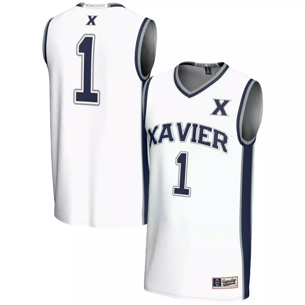 Xavier Musketeers 1 Jersey White Gameday Graphics Men Navy Blue Unisex