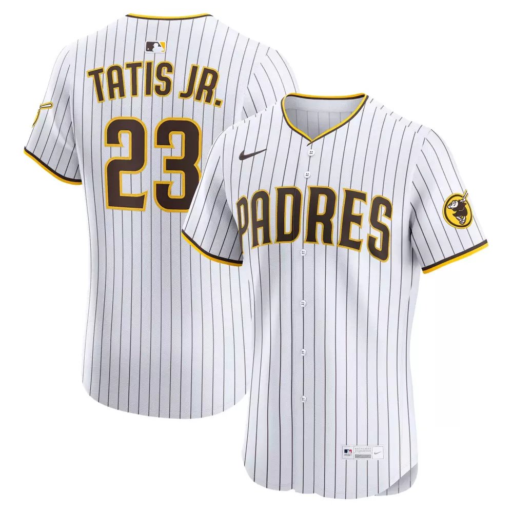 Fernando Tatis Jr. 23 Padres Jersey White Men Pinstripe Brown Yellow Elite