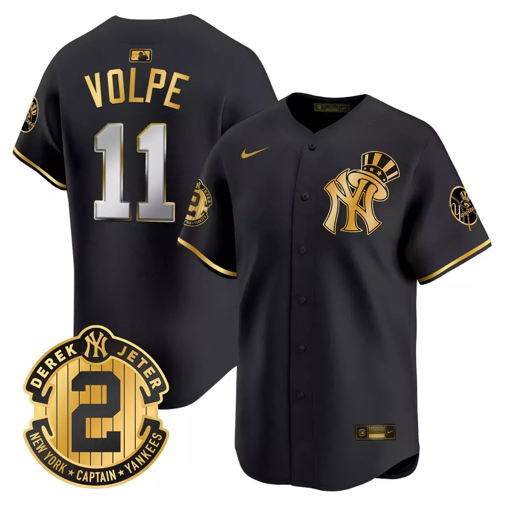 Anthony Volpe 11 New York Yankees Jersey Black Pinstripe Derek Jeter Captain Badge