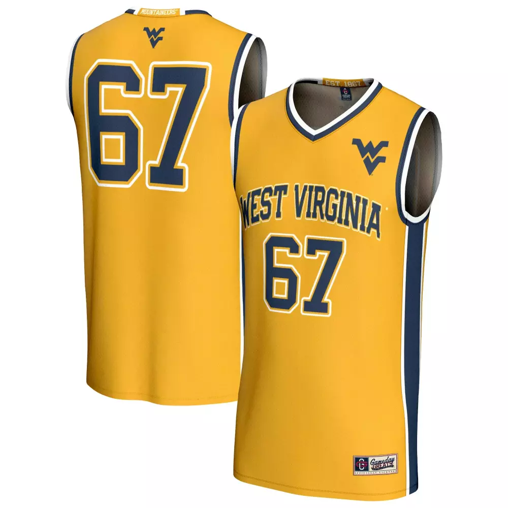 Custom West Virginia Mountaineers 67 Jersey Yellow Men Navy White Gameday Unisex