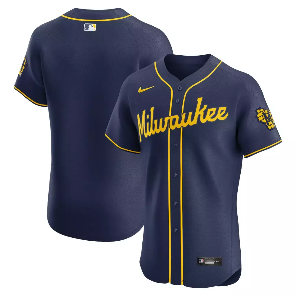 Custom Milwaukee Brewers Jersey Navy Men Yellow Alternate Elite