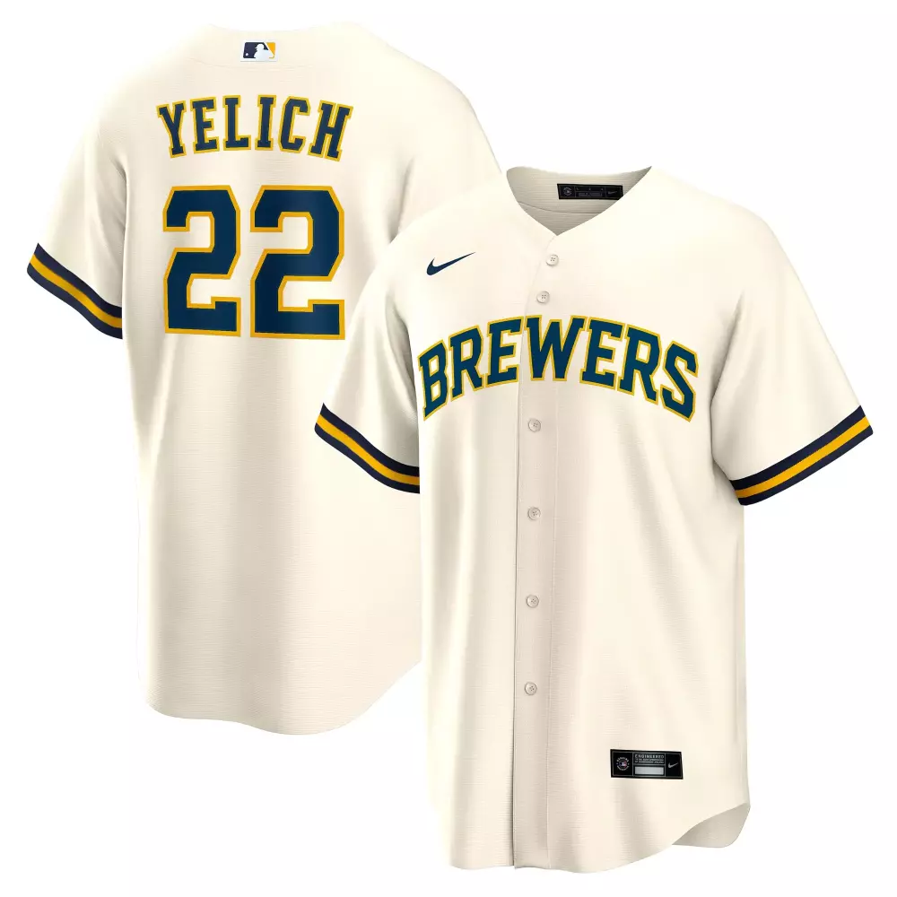 Christian Yelich 22 Brewers Jersey Cream Men Navy Yellow Home Replica