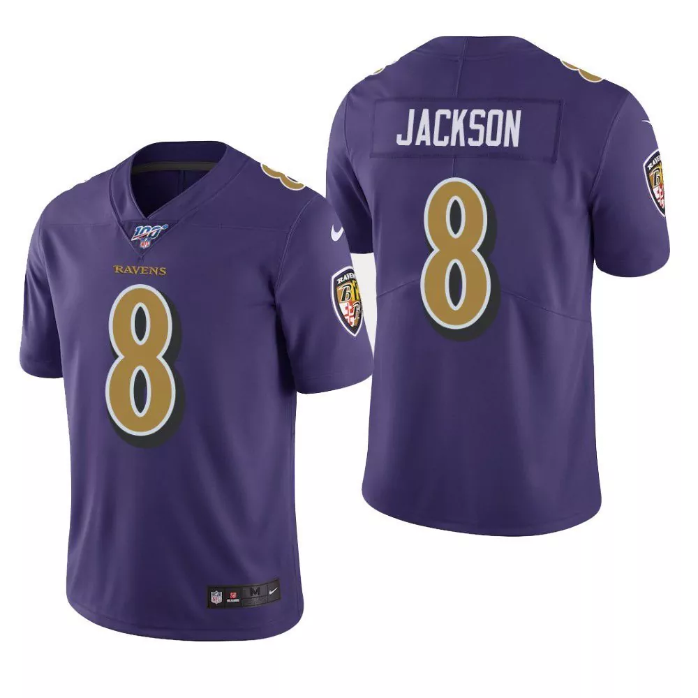 Lamar Jackson 8 Ravens Jersey Purple Men Game Gold Black White Rush