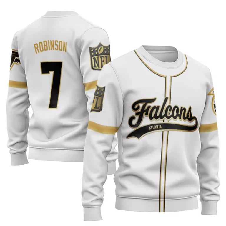 Bijan Robinson 7 Atlanta Falcons Jersey White Men Crewneck Sweatshirt Gold Black