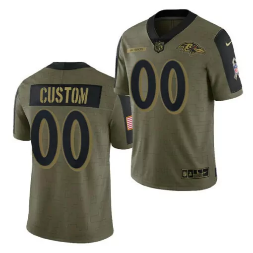 Custom Ravens Jersey Olive Green Salute To Service Us Flag Men Black Gold Stitched