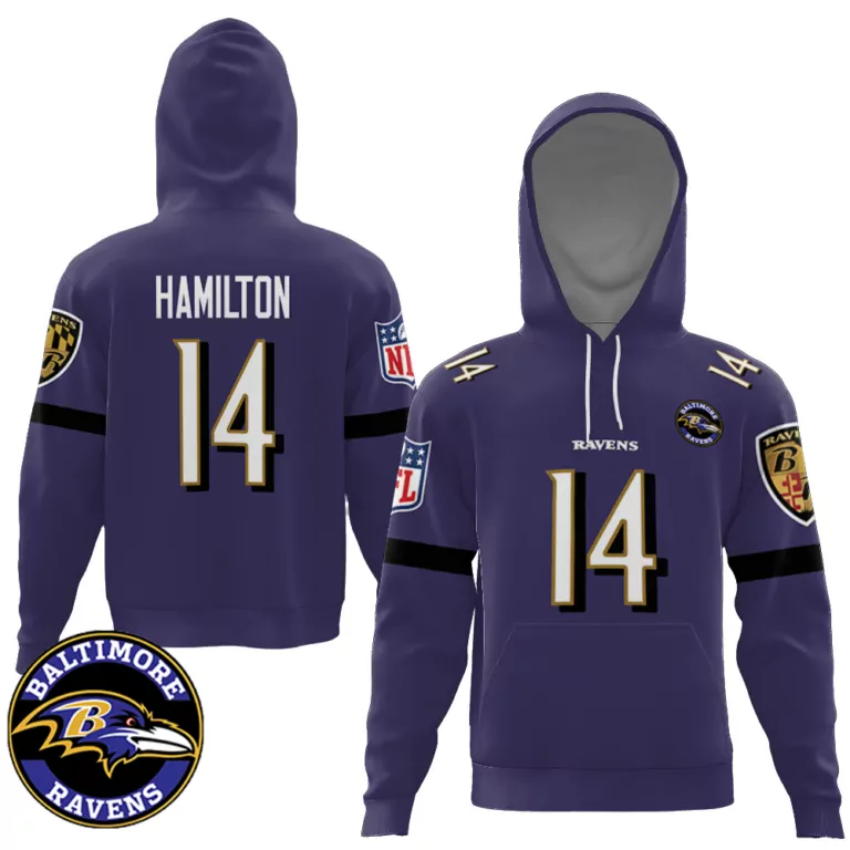 Kyle Hamilton 14 Baltimore Ravens Jersey Purple Playoff 2023 Men Hoodie White Black