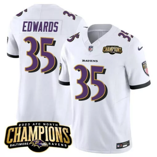 Gus Edwards 35 Baltimore Ravens Jersey White 2023 AFC North Champions Men Authentic