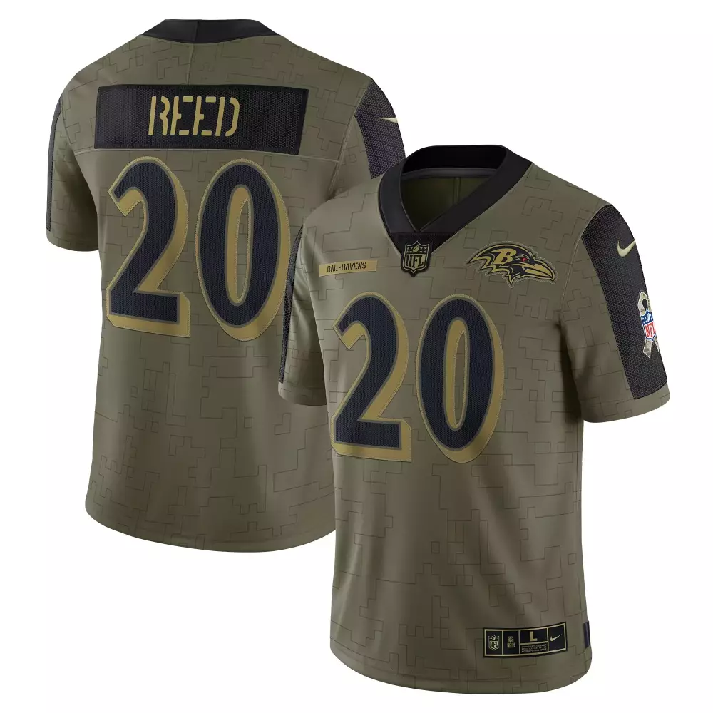 Ed Reed 20 Baltimore Ravens Jersey Olive Green Salute To Service 100 Years Men Alternate
