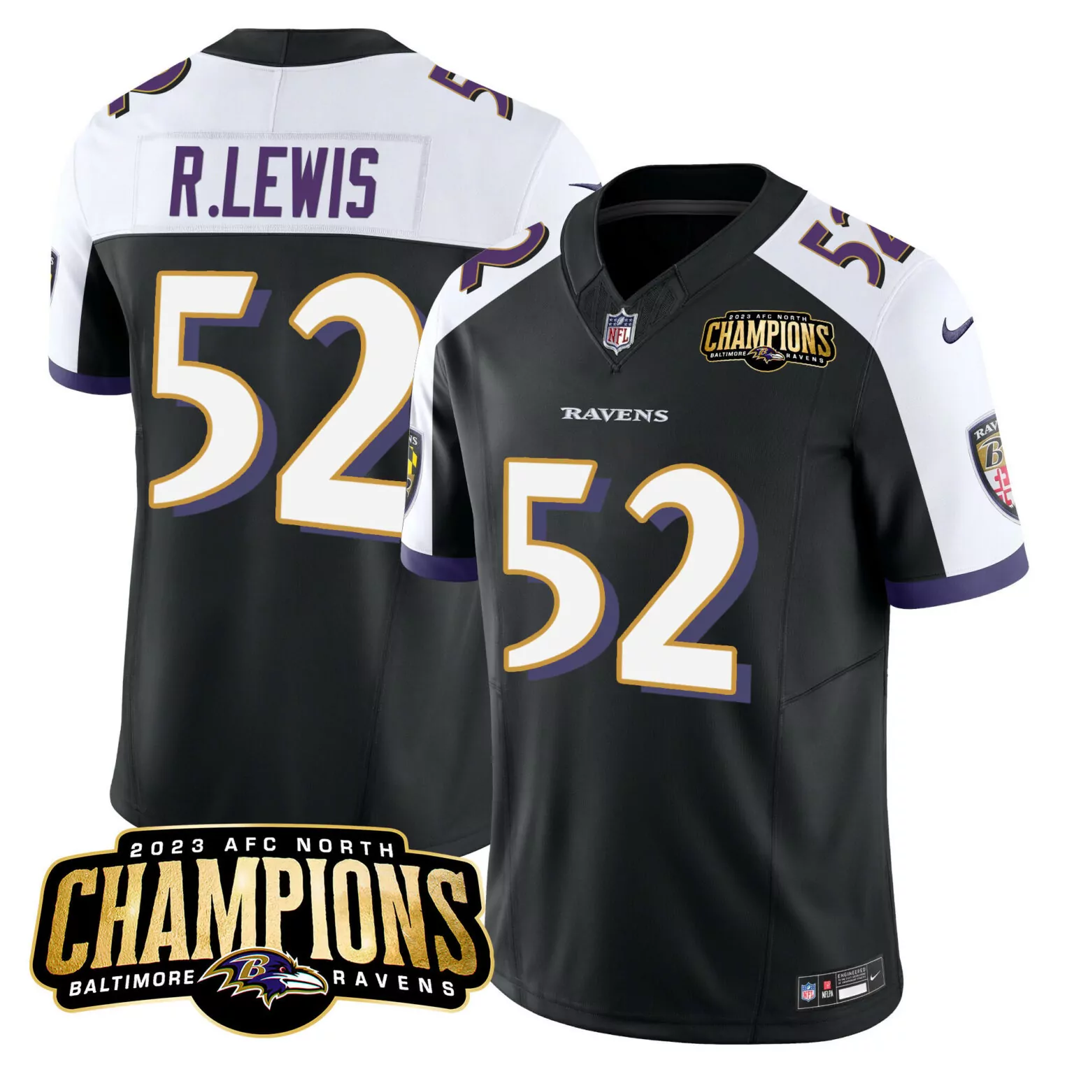 Ray Lewis 52 Baltimore Ravens Jersey Black AFC North Champions 2023 Men NFL White