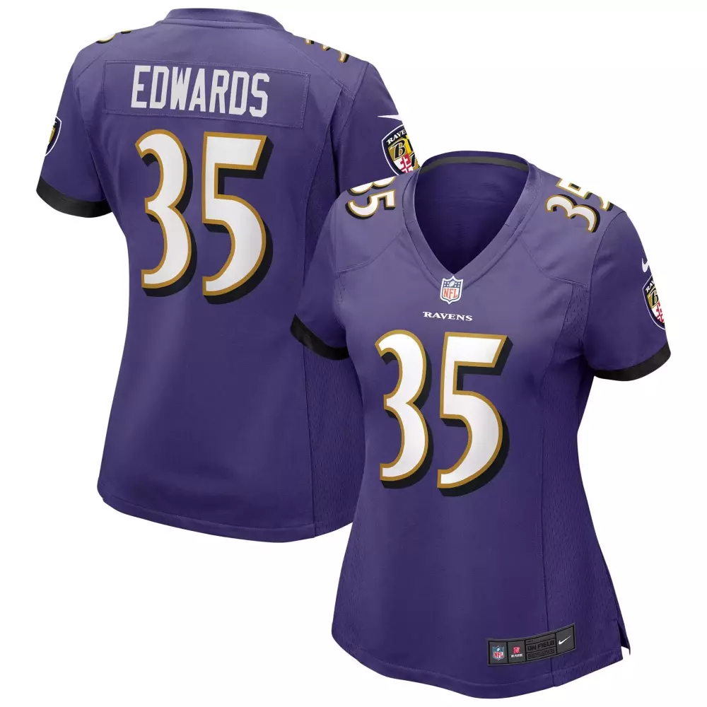Gus Edwards 35 Ravens Jersey Purple Women Player Black Gold Game