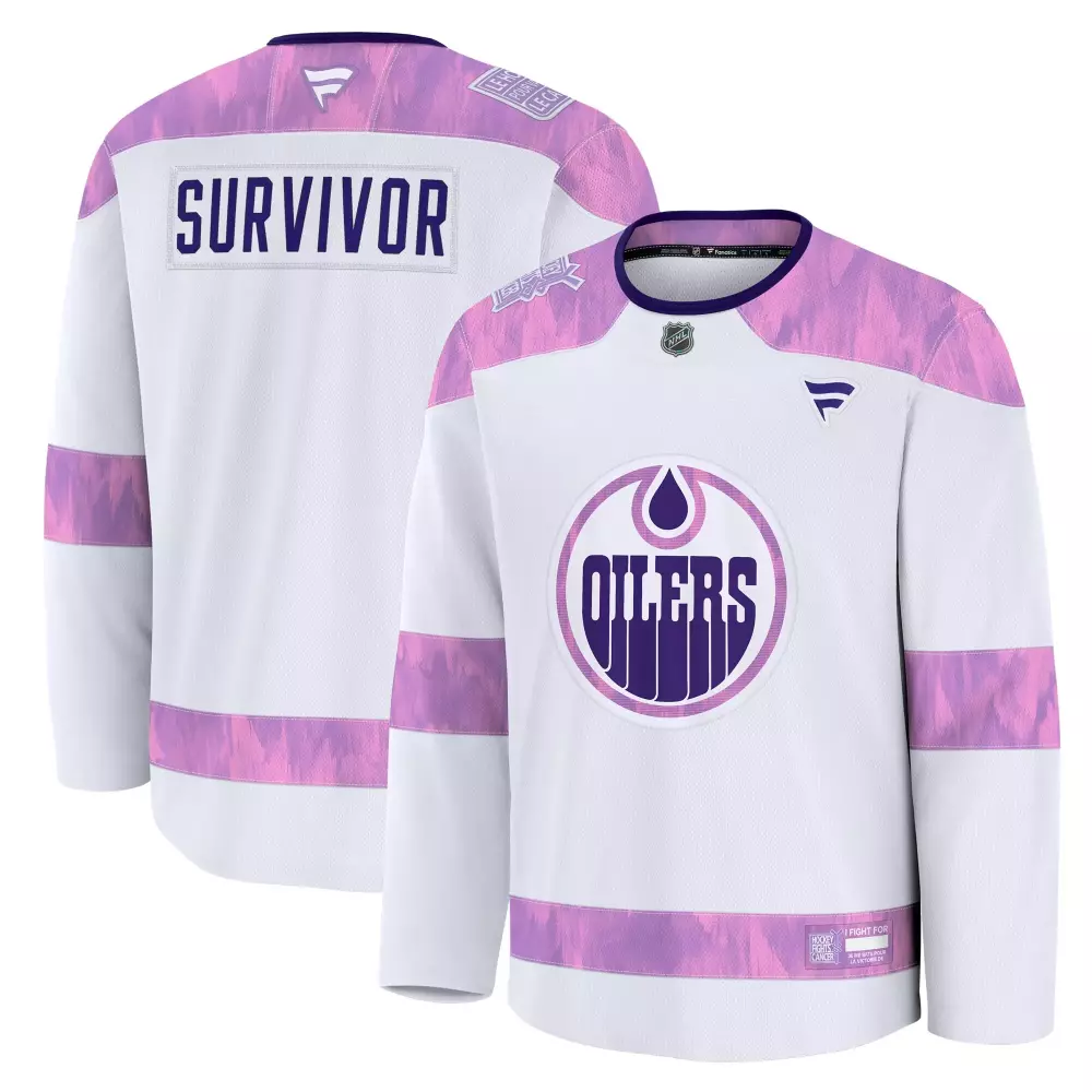 Survivor Edmonton Oilers Jersey White Hockey Fights Cancer Men Alternate Split Design