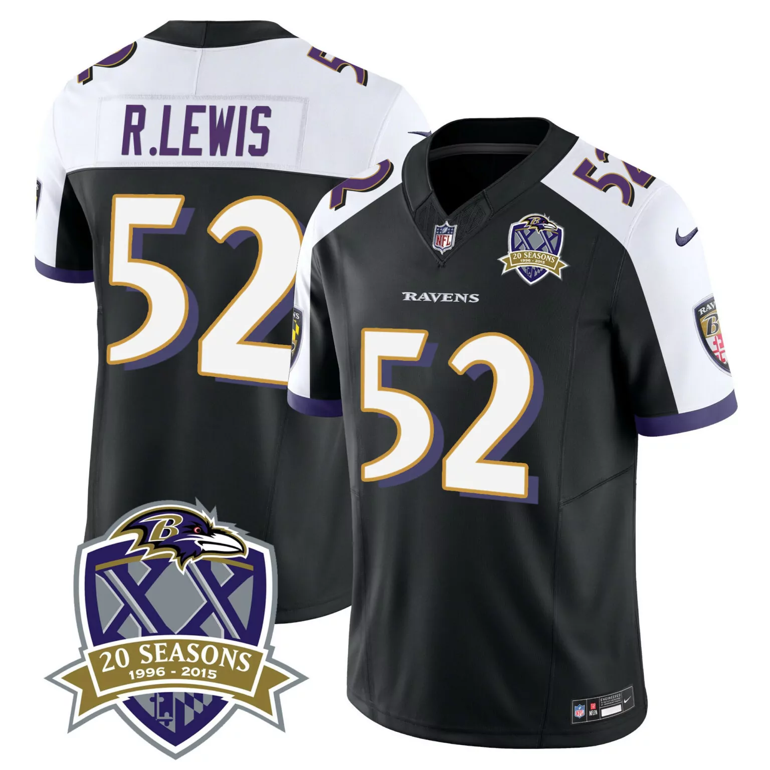 Ray Lewis 52 Ravens Jersey Black 20 Seasons Nflpa 1996-2015 Men Player White Purple