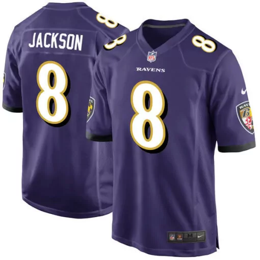 Lamar Jackson 8 Ravens Jersey Purple Men Replica White Gold Game