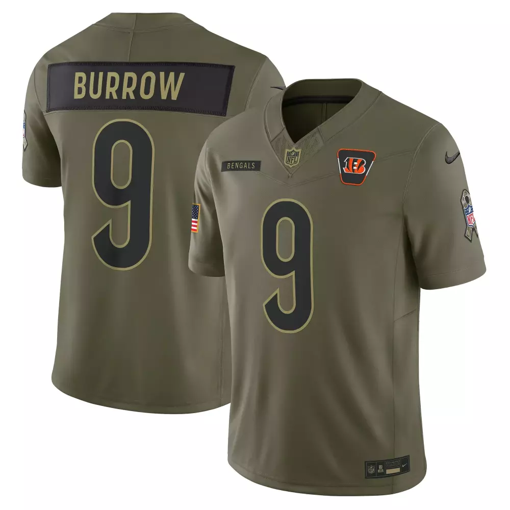 Joe Burrow 9 Bengals Jersey Olive Green American Flag Men Authentic Black Gold Limited