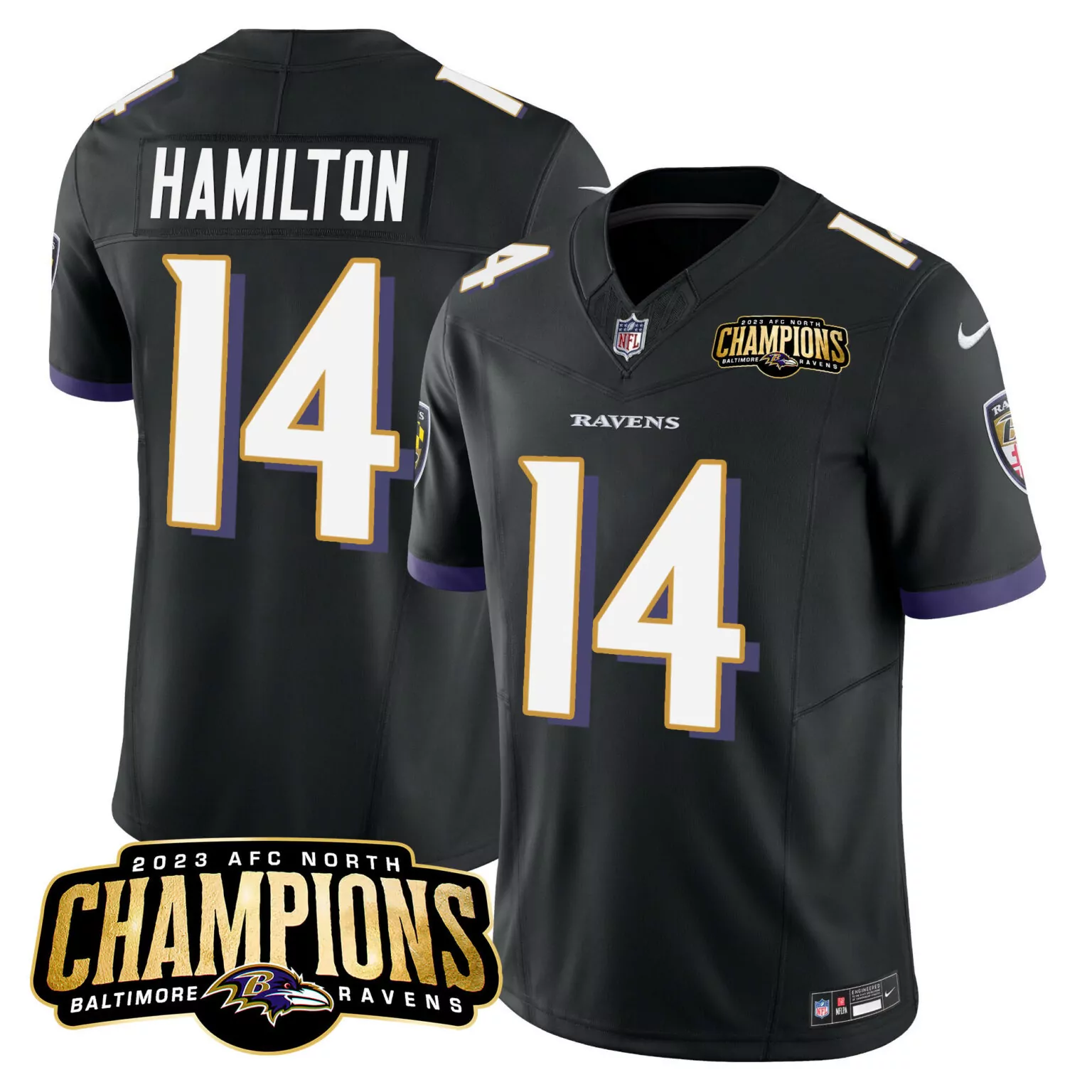 Kyle Hamilton 14 Baltimore Ravens Jersey Black 2023 AFC North Champions Men Purple