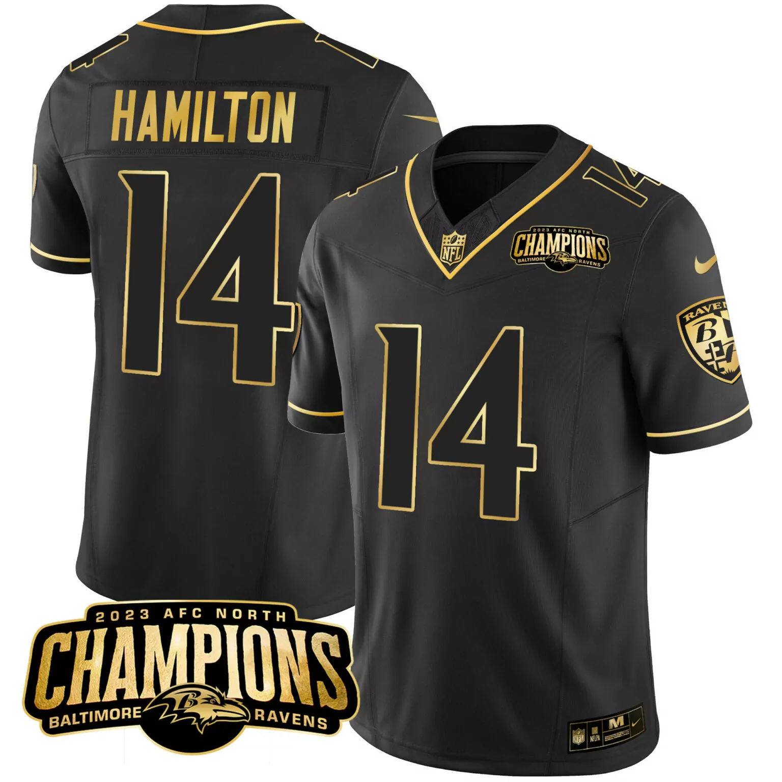 Kyle Hamilton 14 Baltimore Ravens Jersey Black AFC North Champions 2023 Men Gold