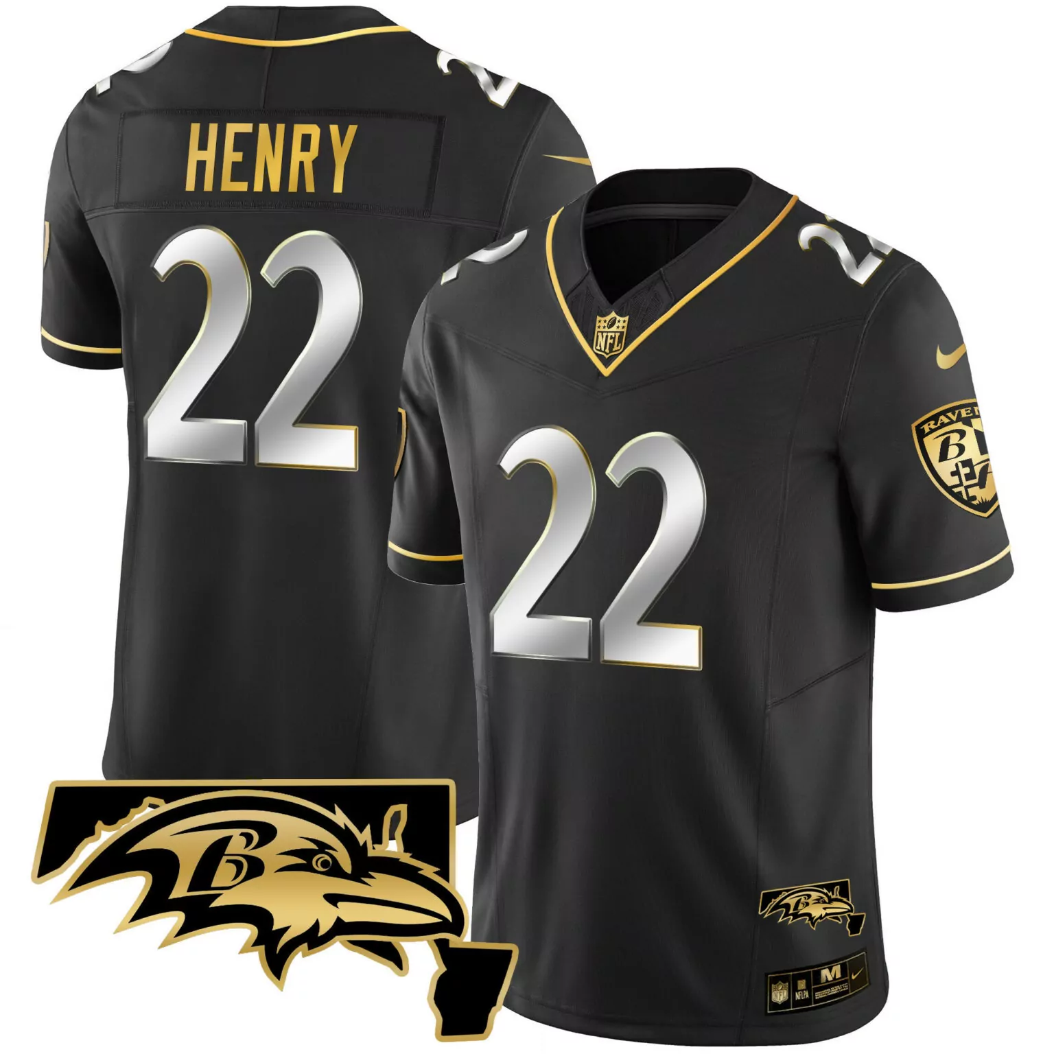 Derrick Henry 22 Baltimore Ravens Jersey Black Away Nflpa Men Gold Silver Vapor All