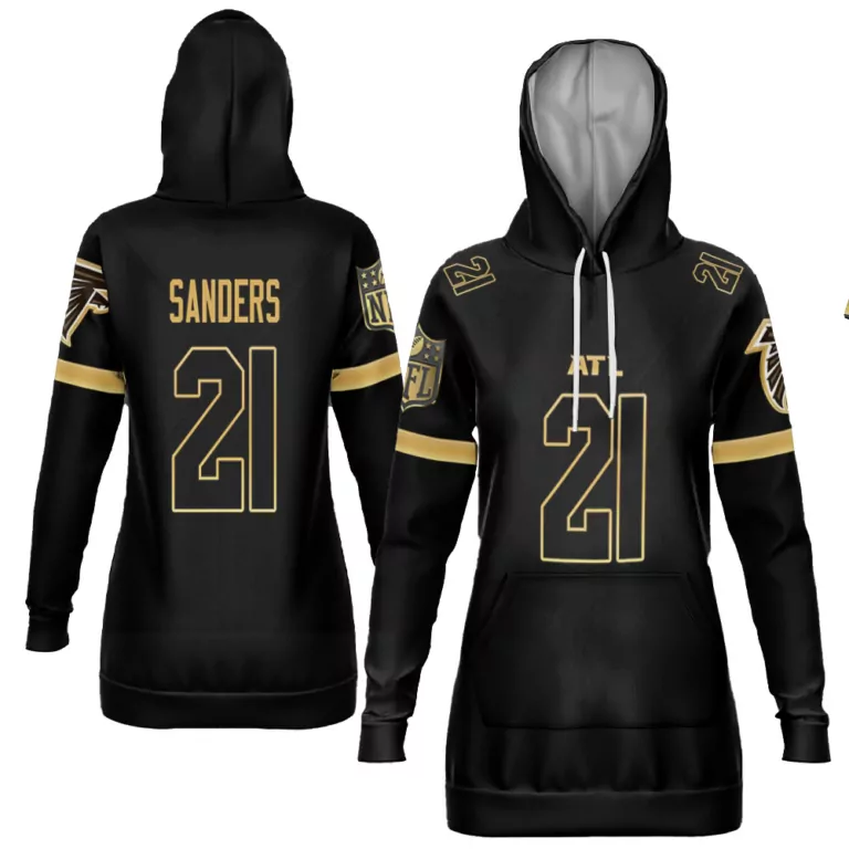 Deion Sanders 21 Atlanta Falcons Jersey Black Women Hoodie Gold