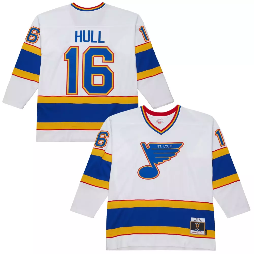 Brett Hull 16 St. Louis Blues Jersey White Men Blue Gold