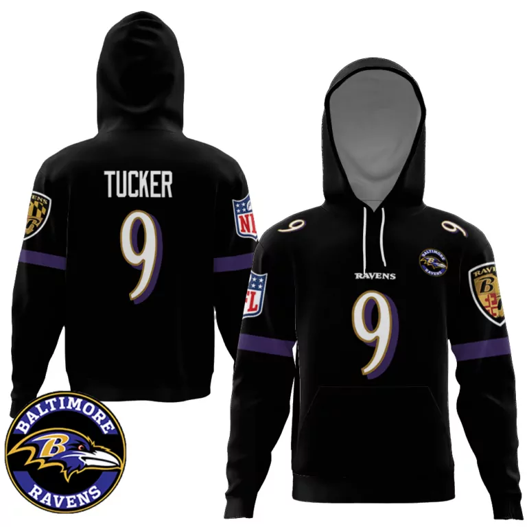 Justin Tucker 9 Baltimore Ravens Jersey Black Men Hoodie Purple White Gold Retired