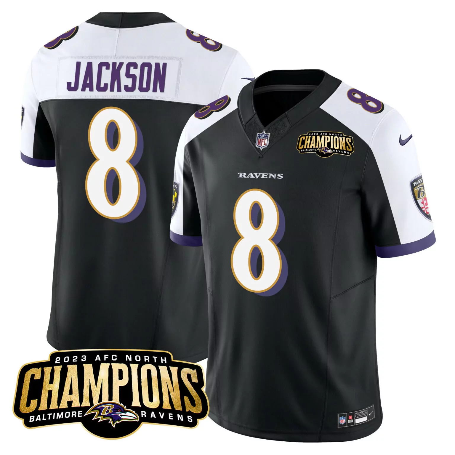 Lamar Jackson 8 Baltimore Ravens Jersey Black 2023 AFC North Champions Nflpa Men