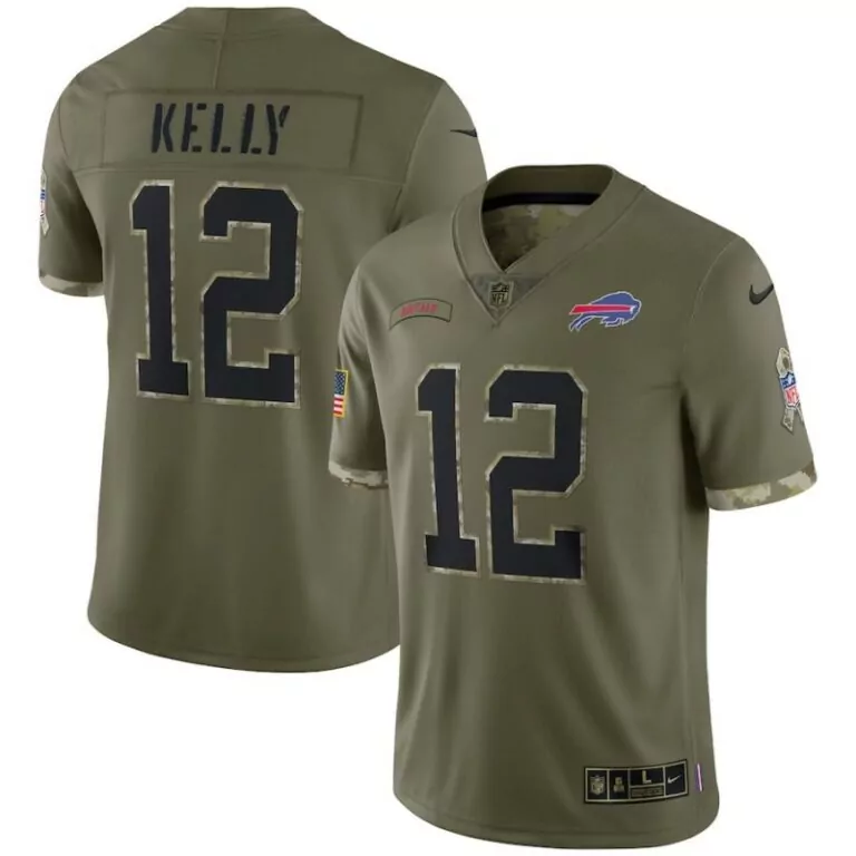 Jim Kelly 12 Buffalo Bills Jersey Olive Green Salute To Service American Flag Men