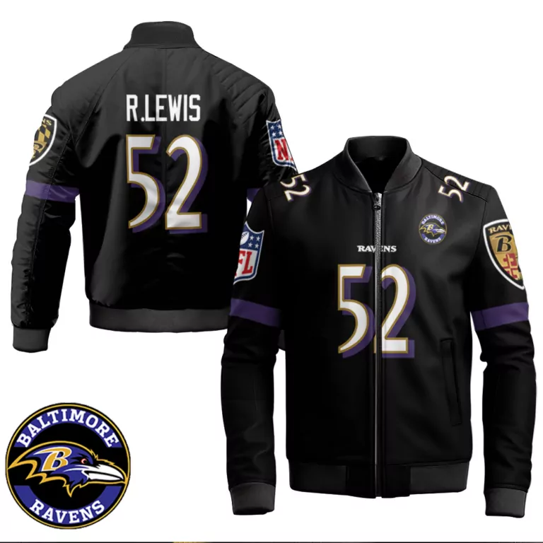 Ray Lewis 52 Baltimore Ravens Jersey Black Flag Men Bomber Jacket Purple White Gold
