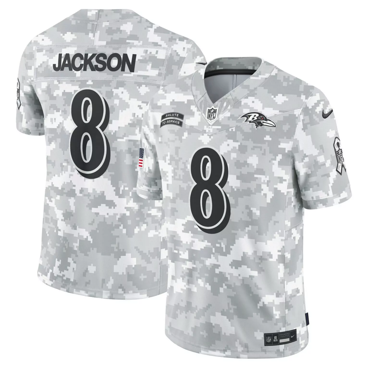 Lamar Jackson 8 Baltimore Ravens Jersey Gray Salute To Service American Flag Men