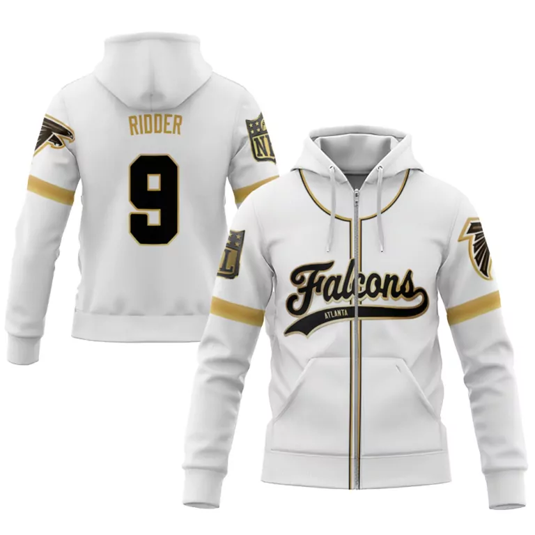 Desmond Ridder 9 Atlanta Falcons Jersey White Men Zip-up Hoodie Gold Black Custom