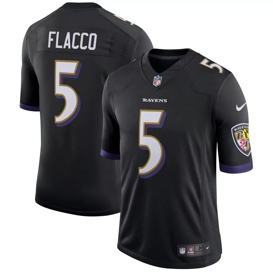 Joe Flacco 5 Ravens Jersey Black Player Tag Men Purple White Limited