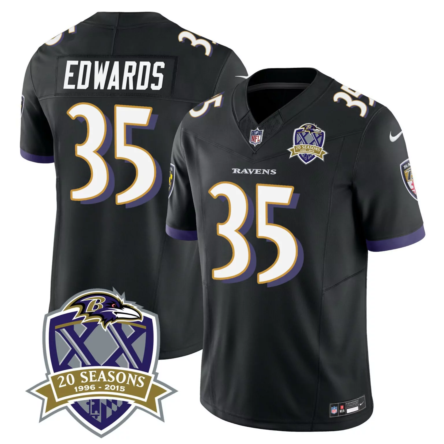 Gus Edwards 35 Ravens Jersey Black 20 Seasons 1996-2015 Men Player Purple White Gold