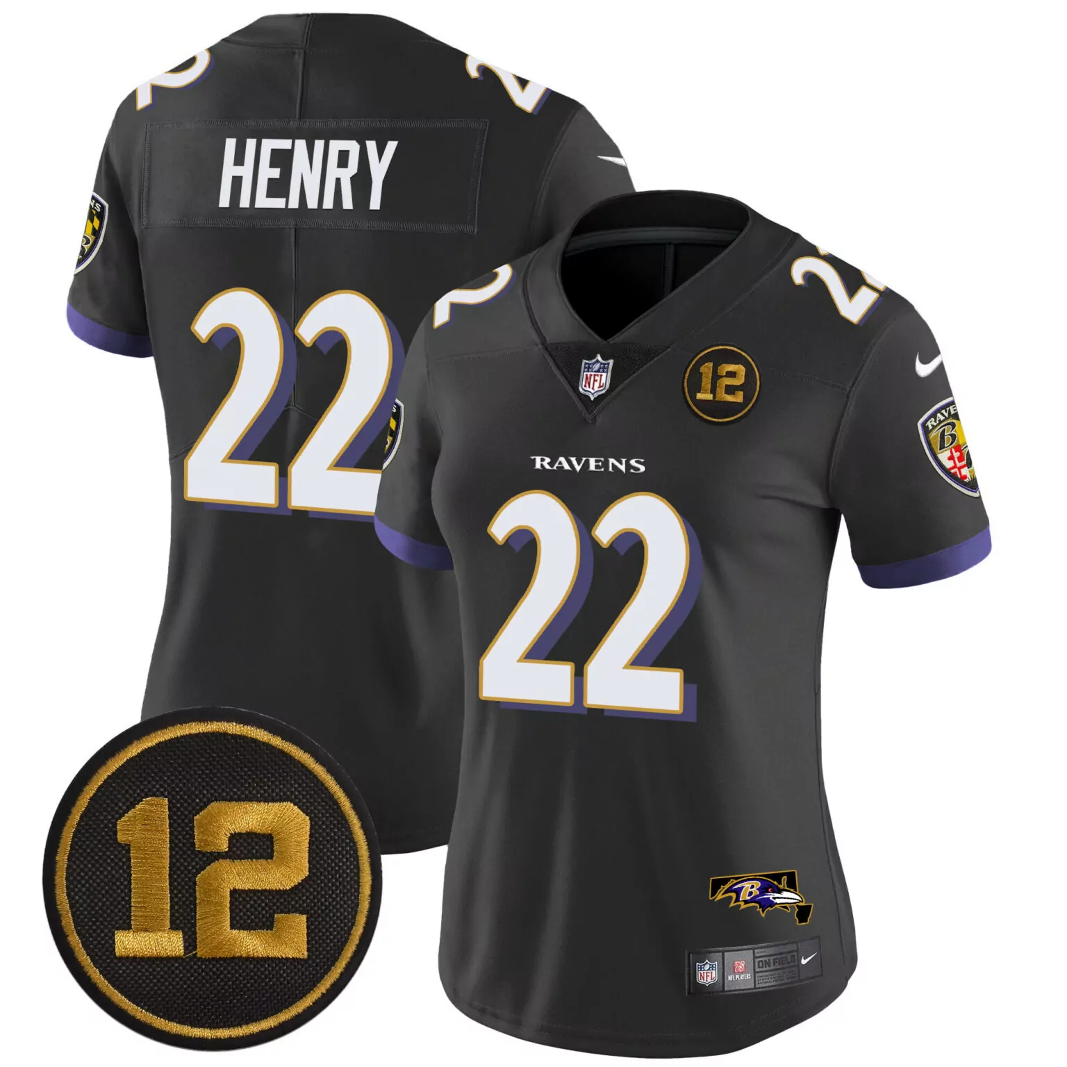 Derrick Henry 22 Ravens Jersey Black On Field Players Women Game Purple All Stitched